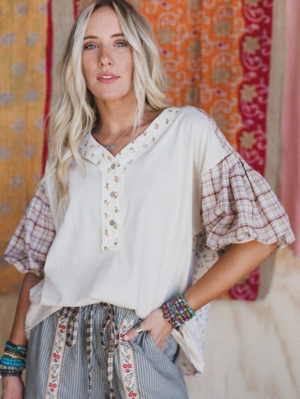 Three Bird Nest Wild Chamomile Bubble Sleeve Top
